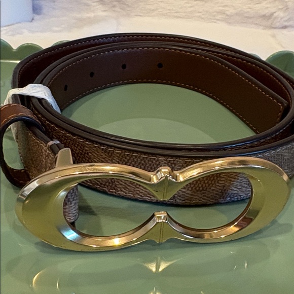 Coach Brown/Tan Monogram Leather Belt with Gold Accents - Picture 3 of 5